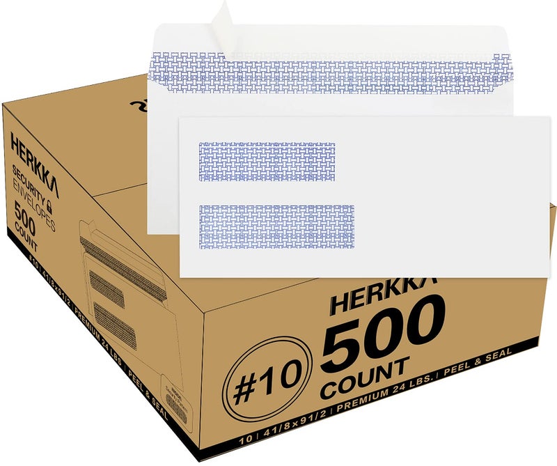 HERKKA 500 Pack #10 Double Window Security Self-Seal Envelopes - Suitable Size for Multiple Business Statements  Quickbooks Invoices  and Return Envelopes  Size 4-1/8 x 9-1/2 - White - 24 LB - Image 1